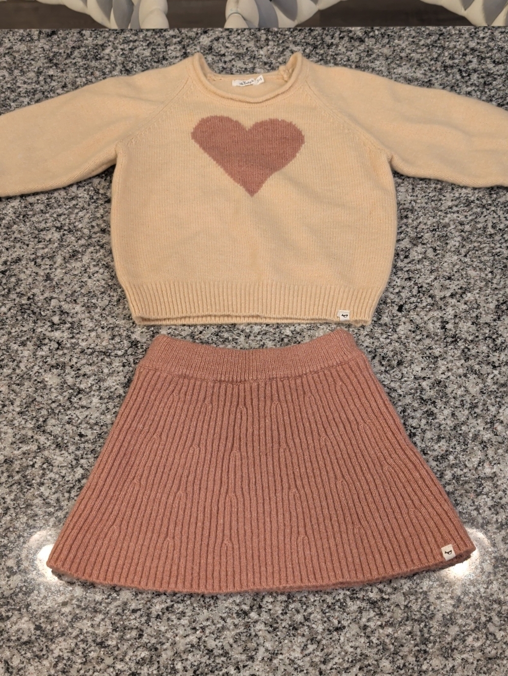 Kids Two-Piece Knit Heart Set in Cream and Dusty Pink